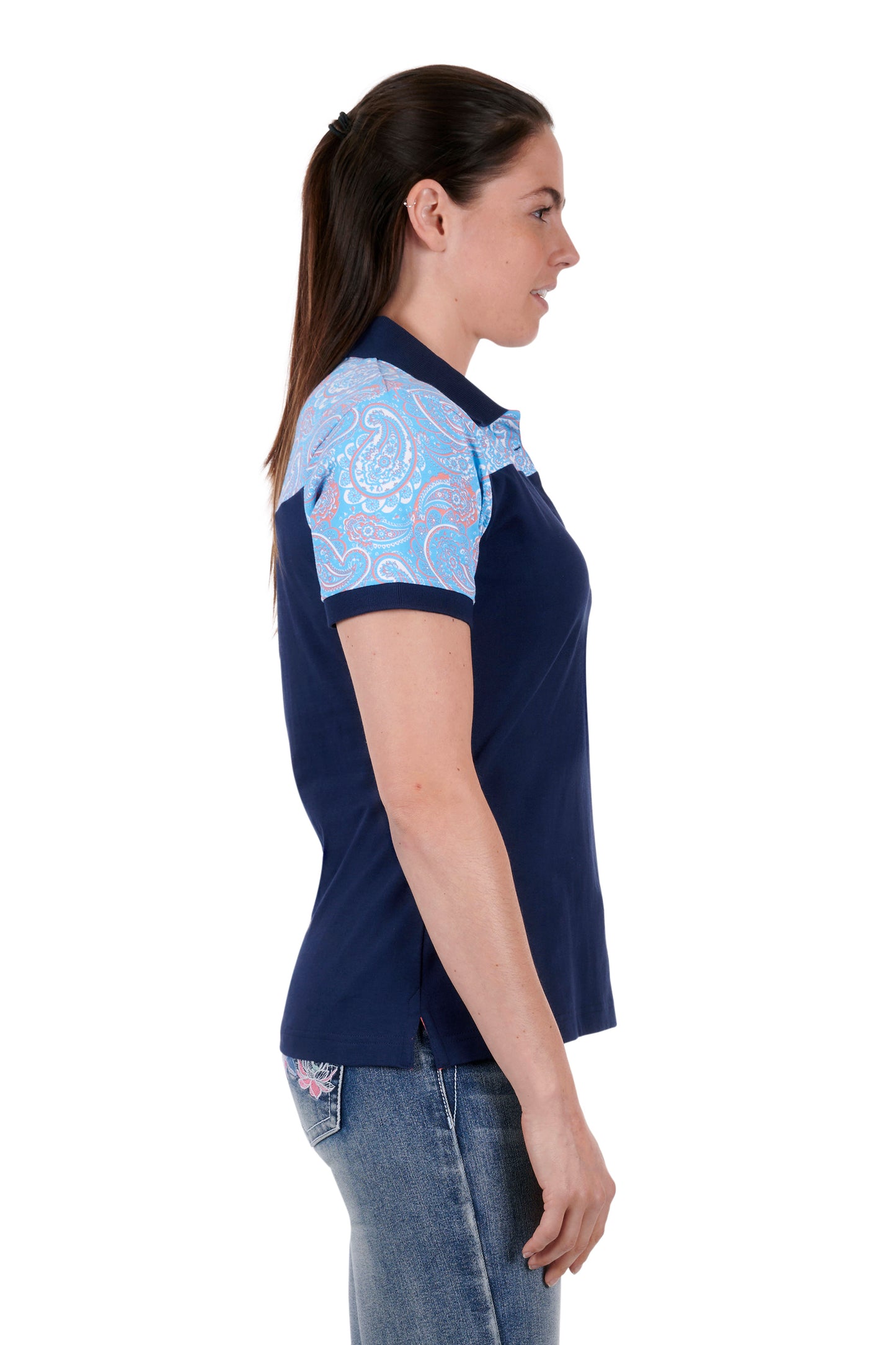 Pure Western Ladies Kelsey S/S Polo - Navy/Multi  - P3S2567695