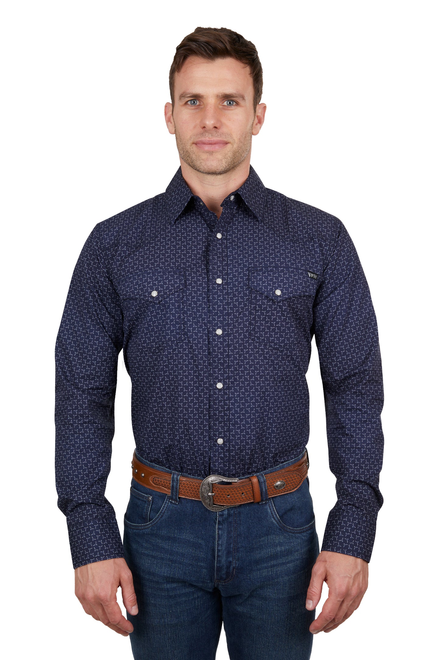 Pure Western Mens Jett Print Western L/S Shirt - Navy/White