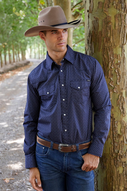 Pure Western Mens Jett Print Western L/S Shirt - Navy/White