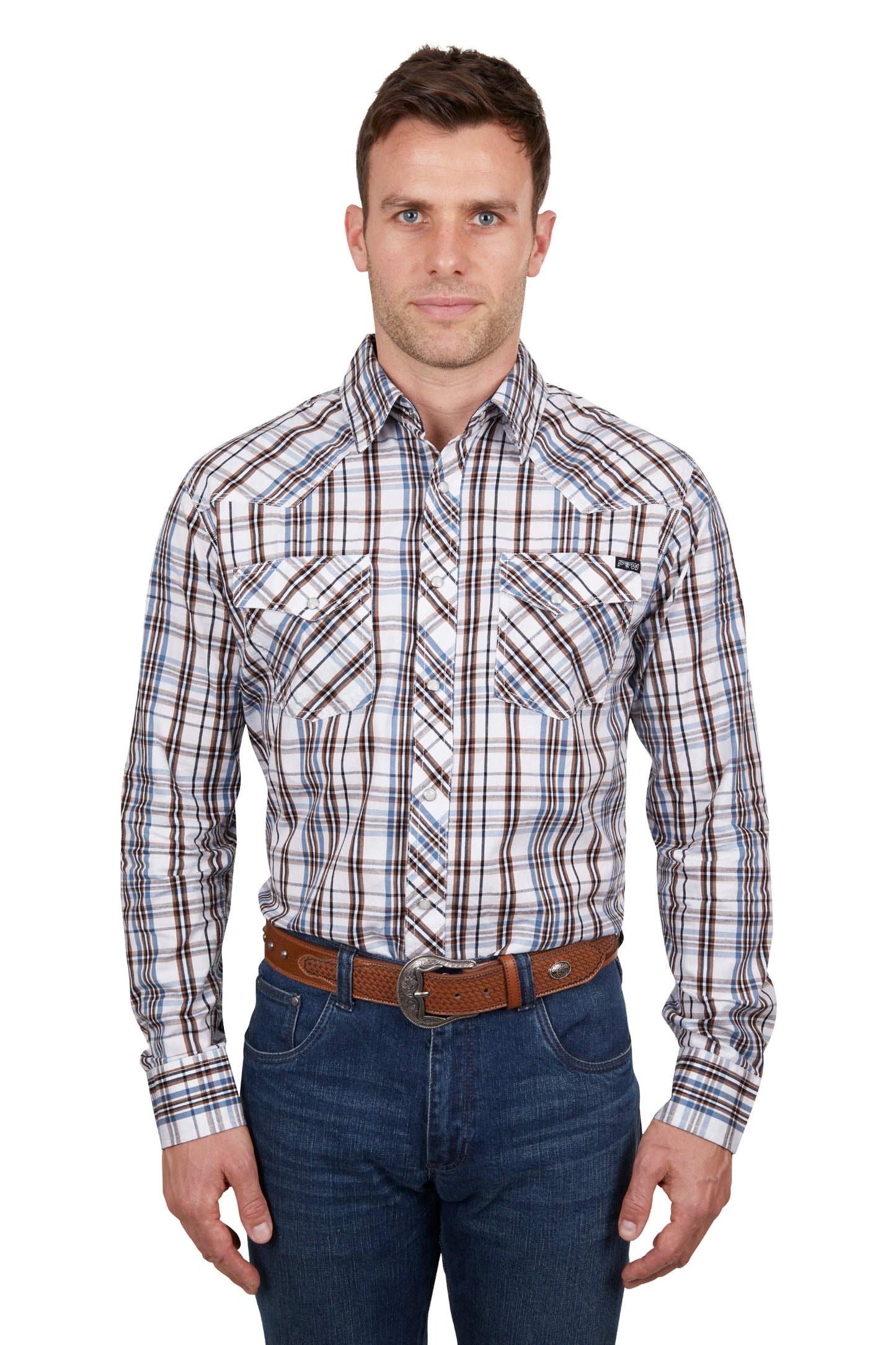 Pure Western Mens Evan Check  Western L/S Shirt - White/Tan