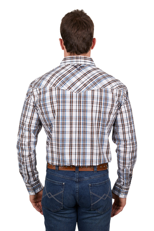 Pure Western Mens Evan Check  Western L/S Shirt - White/Tan