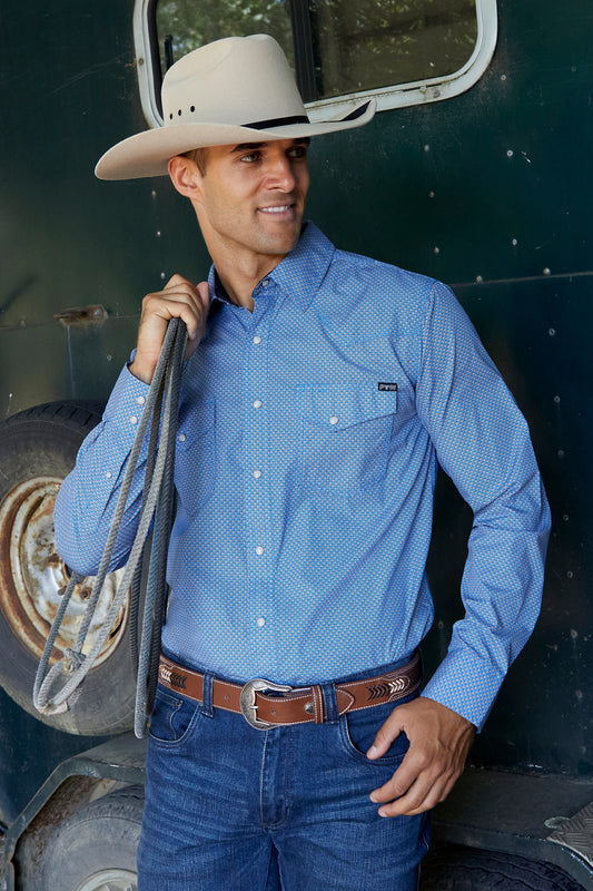 Pure Western Mens Seth Print Western L/S Shirt - Royal/Orange