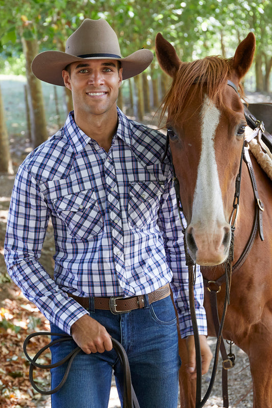 Pure Western Mens Alec Check Western L/S Shirt - Navy/White/Red
