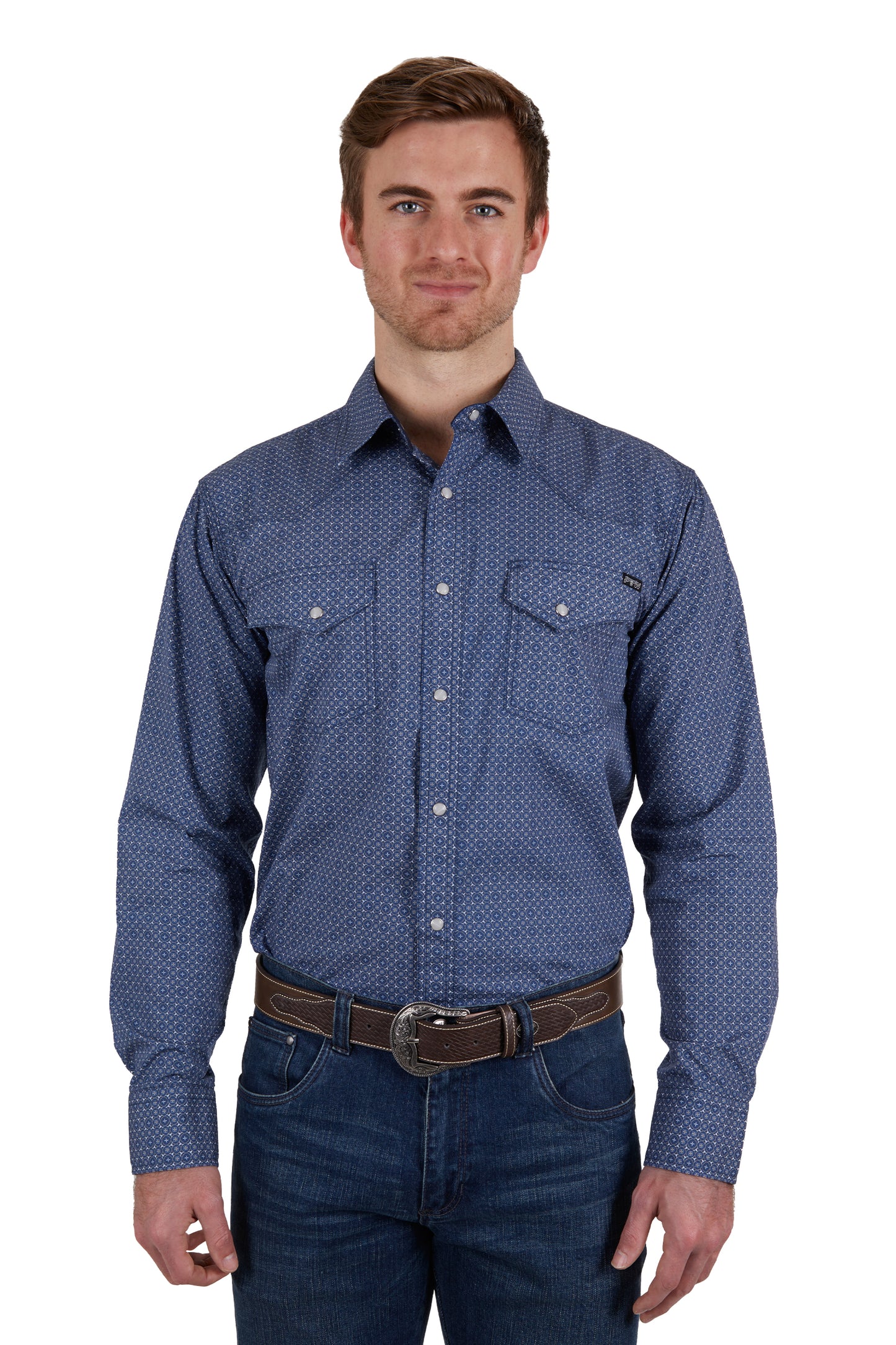 Pure Western Mens Melville Print Western L/S Shirt - Navy/White