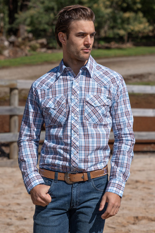 Pure Western Mens Lucas L/S Shirt - White/Blue
