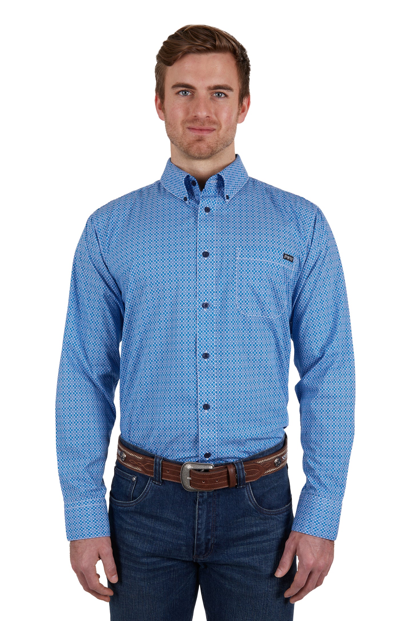 Pure Western Mens Hewitt Print Button Down L/S Shirt - Blue/Teal - P4W1100825