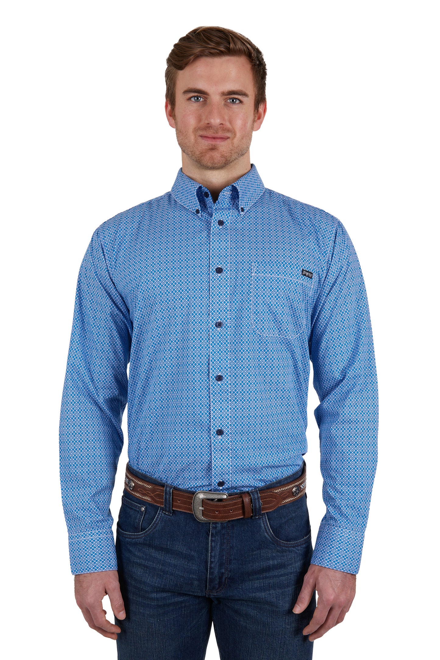 Pure Western Mens Hewitt Print Button Down L/S Shirt - Blue/Teal