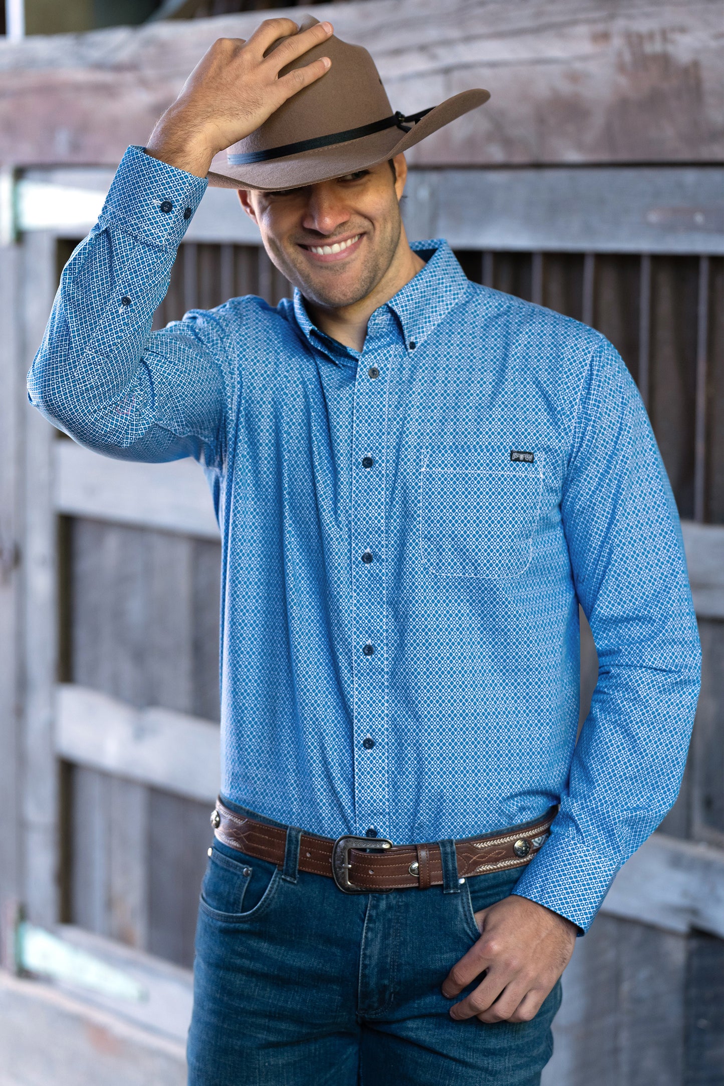 Pure Western Mens Hewitt Print Button Down L/S Shirt - Blue/Teal