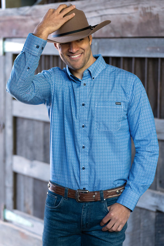 Pure Western Mens Hewitt Print Button Down L/S Shirt - Blue/Teal