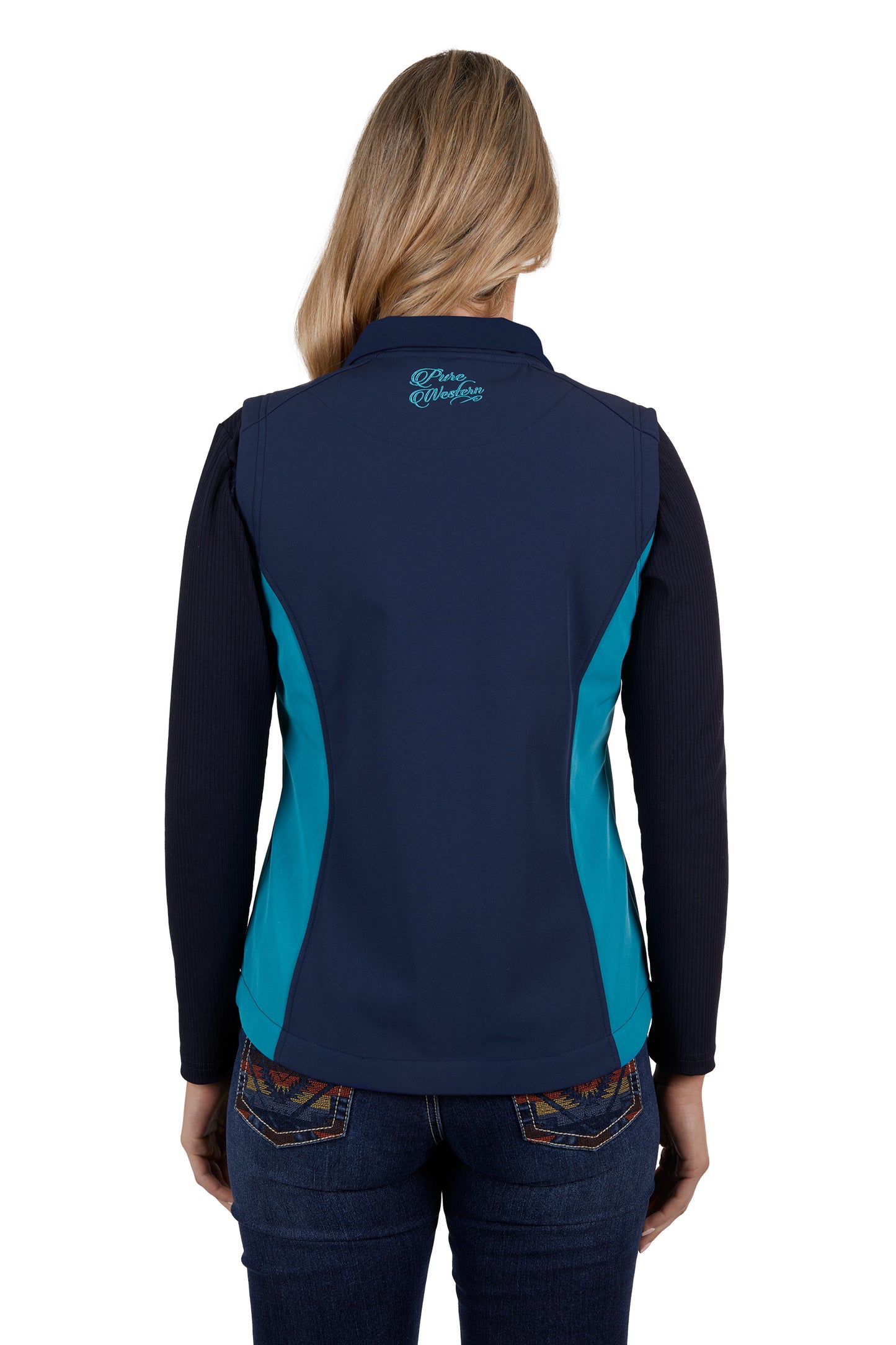 Pure Western Ladies Tracy Soft Shell Vest - Navy/Aqua