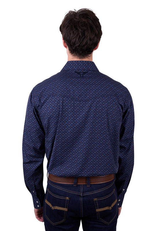 Pure Western Mens Ross Print Western L/S Shirt - Navy