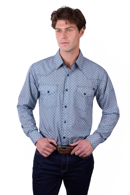 Pure Western Mens Mark Print Western L/S Shirt - Navy/Teal