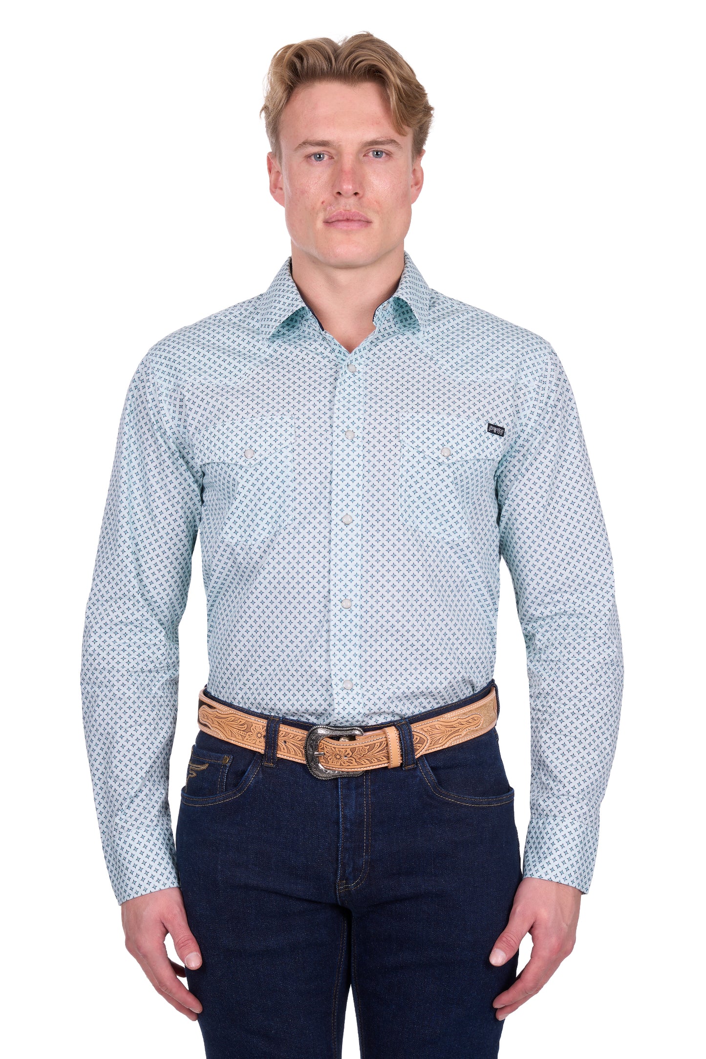 Pure Western Mens Gerald Print L/S Shirt - P6W1100165 - Green/Navy