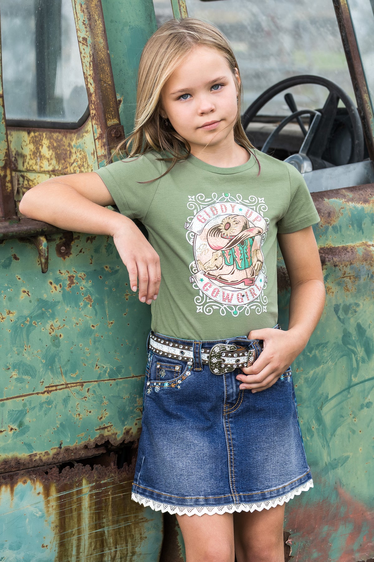 Pure Western Girls Bronte Lace Trim Denim Skirt - PCP5405343