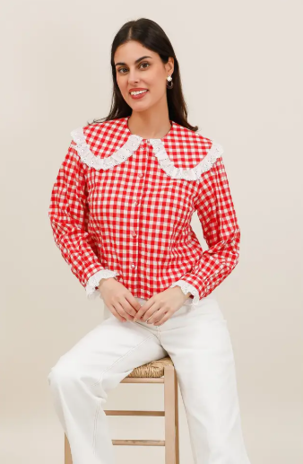 Ladies L/S Gingham Blouse with Large Lace Collar - 6081