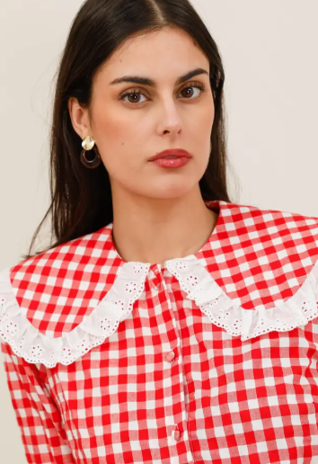 Ladies L/S Gingham Blouse with Large Lace Collar - 6081