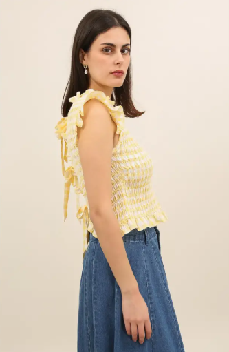 Ladies Smocked Gingham Top with Ruffles - 6073