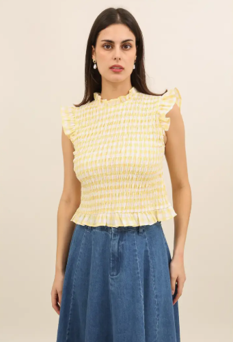 Ladies Smocked Gingham Top with Ruffles - 6073