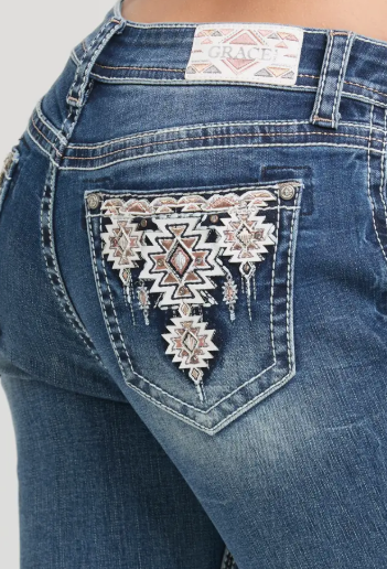 Grace in LA Aztec Modify Mid Rise Boot Cut Jean - EB-61783-30"