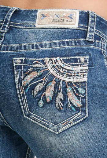 Grace in LA Dream Catcher Modify Mid Rise Boot Cut Jean 34" - EB-52051