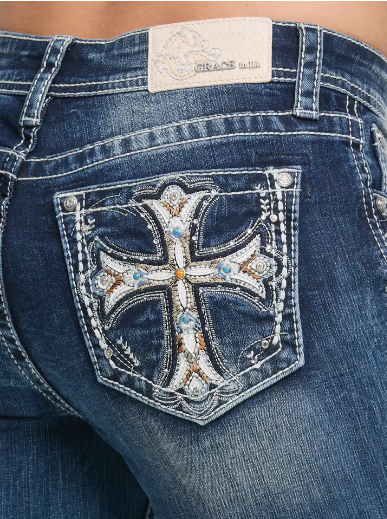 Grace in LA Ladies Cross Embroidery Plus Bootcut Jean - PB-51948
