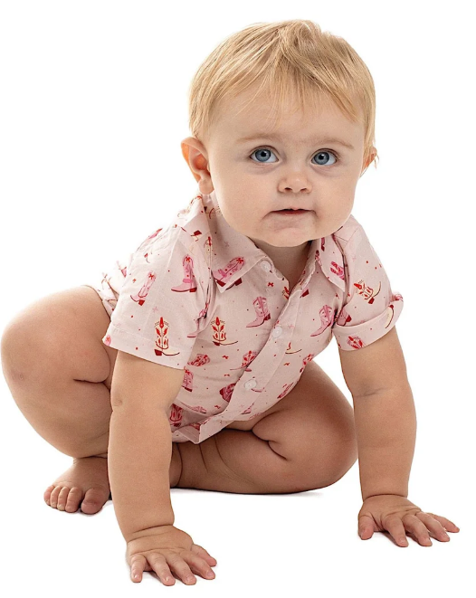 Just Country Infant Frankie S/S Full Button Jumpsuit - Baby Pink Boots - IWSS2644