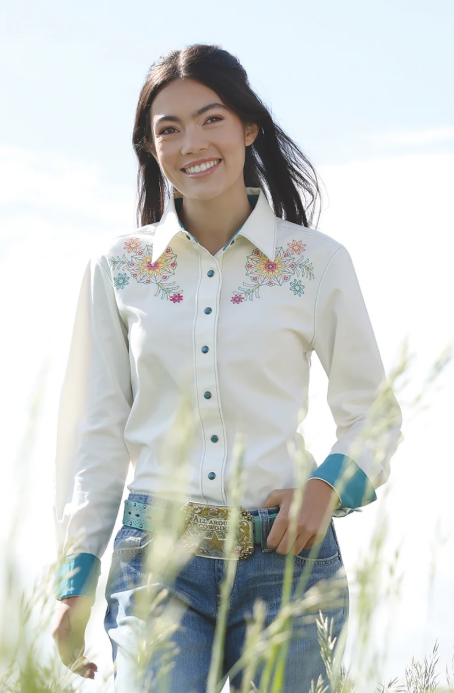 Cruel Girl Ladies Snap Button L/S Floral White Shirt - CTW7529003