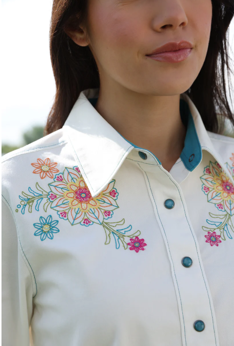 Cruel Girl Ladies Snap Button L/S Floral White Shirt - CTW7529003