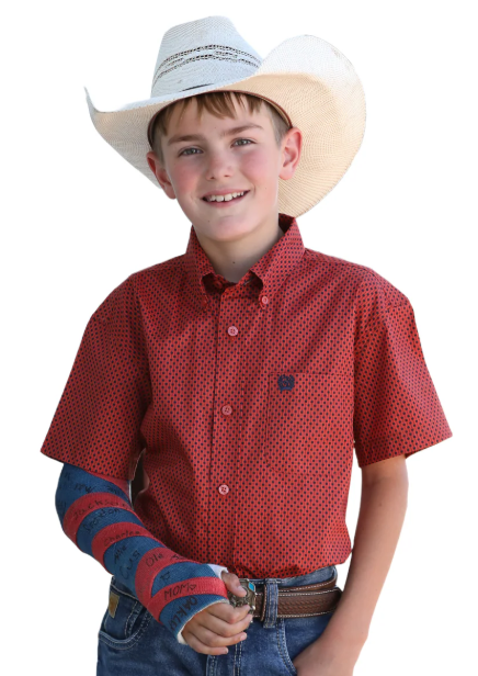 Cinch Boys Geometric Print Red Short Sleeved Shirt - MTW7140036