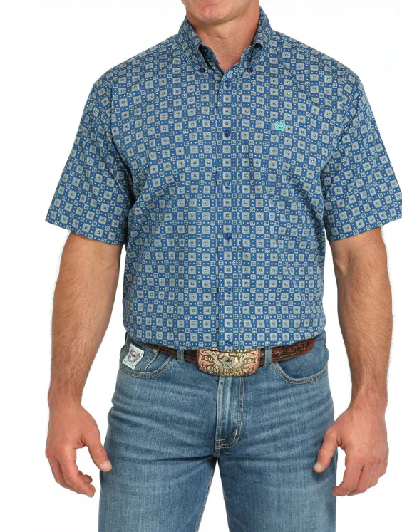 Cinch Mens Royal Blue Geometric Print S/S Shirt - MTW1111486