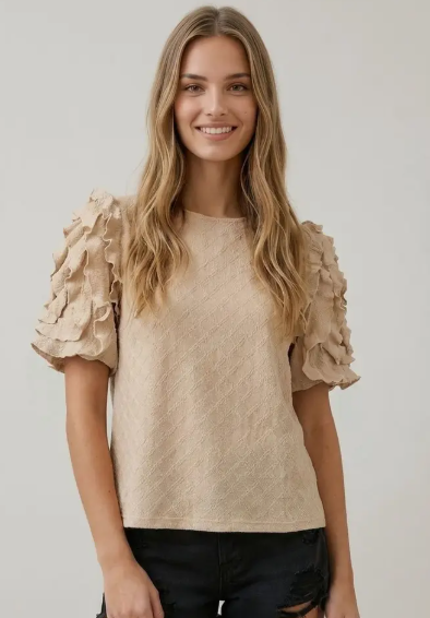 Ladies Diamont Textured Ruffle Puff Sleeve Top - 46027T (Copy)