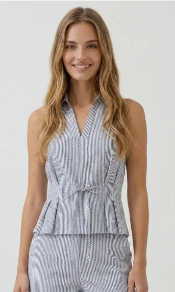 Ladies Textured Stripe Linen Collared Tank Top - Blue - 45774T