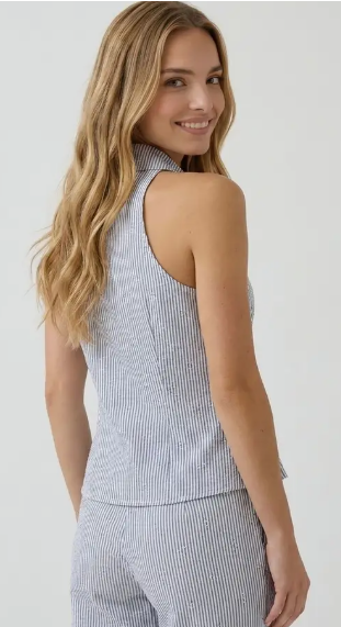 Ladies Textured Stripe Linen Collared Tank Top - Blue - 45774T