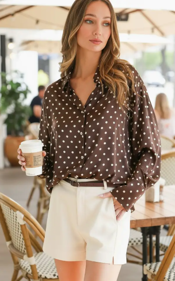 Ladies Polka Dot Collared Long-Sleeve Satin Blouse Top - VT81294B