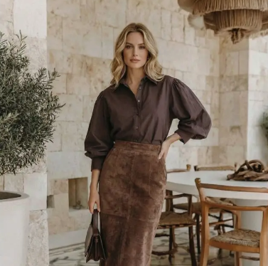 Ladies Short Puff Sleeve Button Down Shirt Top - Brown - VT83244