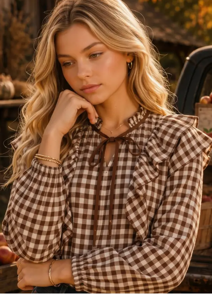 Ladies Ruffle Collar Gingham Tie Neck Blouse - Chocolate