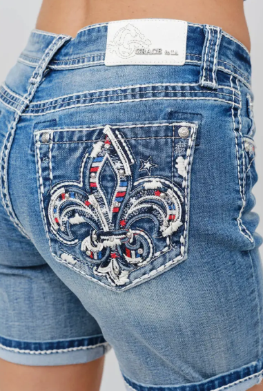 Grace in LA Americana Fleur De Lis Mid Rise Long Short - ELH-52074