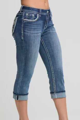 Grace in LA "X" Embroidered Mid-Rise Capri - EC-52030