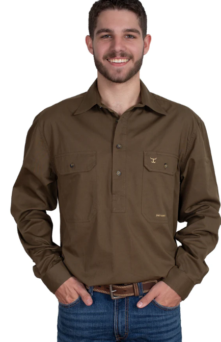 Just Country Mens 1/2 Button L/S Shirt - Bark - 10101BAR