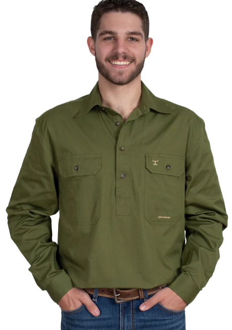 Just Country Mens 1/2 Button L/S Shirt - Olive - 10101OLI