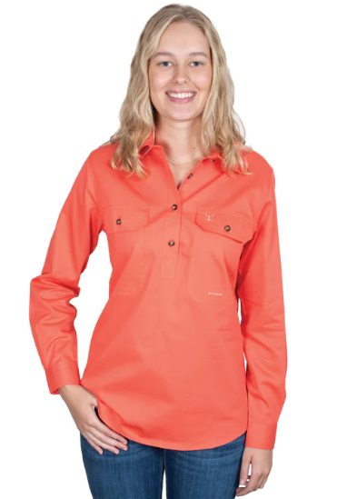 Just Country Ladies Jahna 1/2 Button L/S Shirt - Hot Coral - 50505HCL