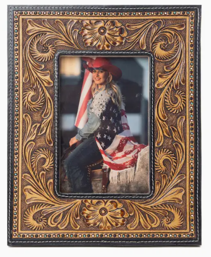 Bordertown Hand tooled Leather Photo Frame in Brown