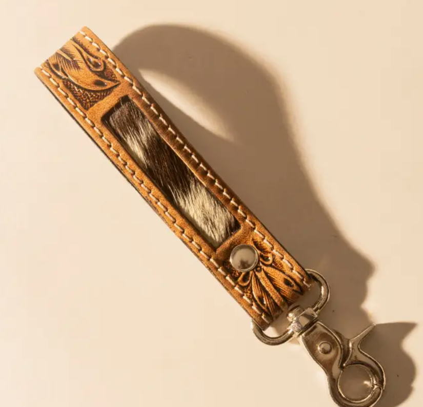 Hide Inlay Western Key Fob in Tan with Hairon Detail
