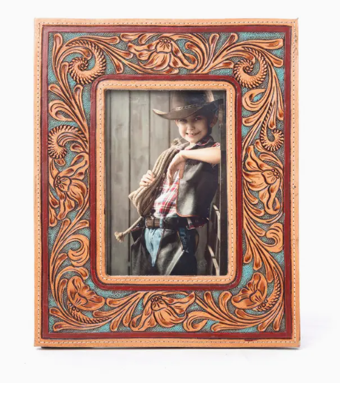 Magnolia Rise Handtooled Leather Photo Frame in Deep Mahogany