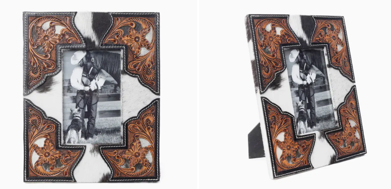 Cornerstone Hand tooled Leather Photo Frame in Brown with Hairon Detail