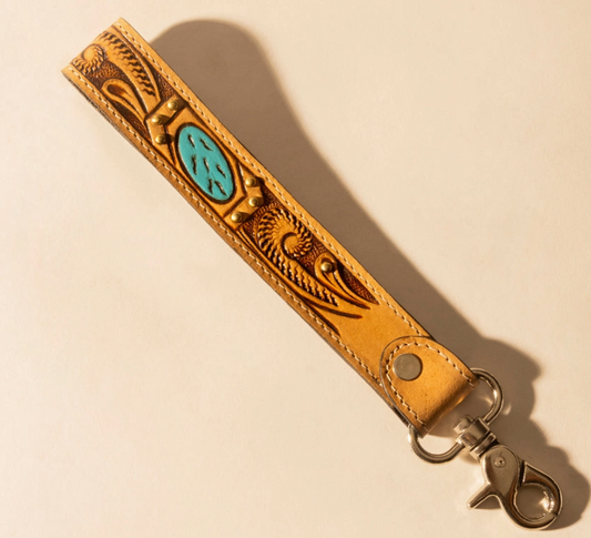 Wildhue Western Key Fob in Light Brown with Turquoise Stone Handtooled Detail