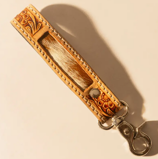 Hide Inlay Western Key Fob in Creme with Floral Detail