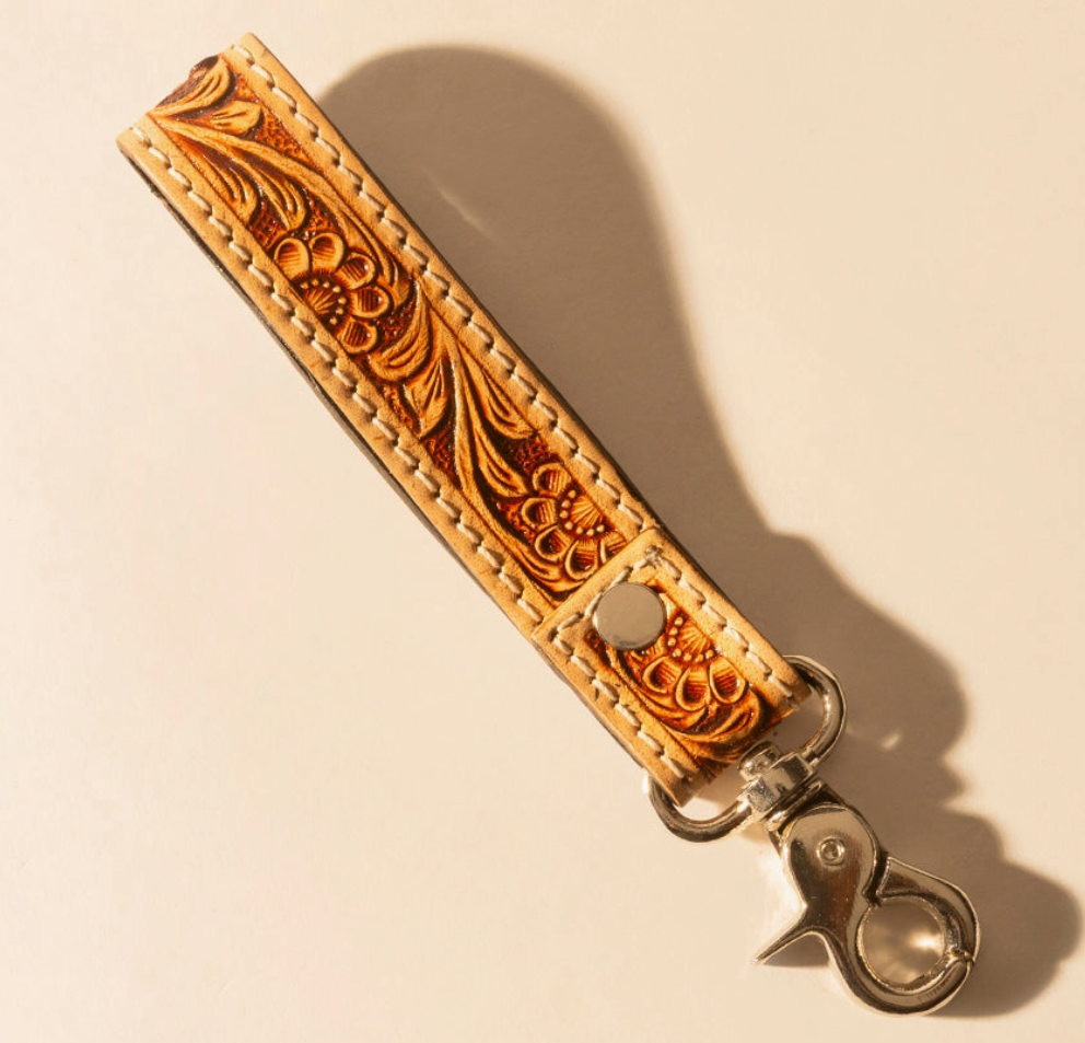 Hide Inlay Western Key Fob in Creme with Floral Detail
