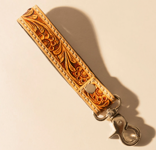 Hide Inlay Western Key Fob in Creme with Floral Detail