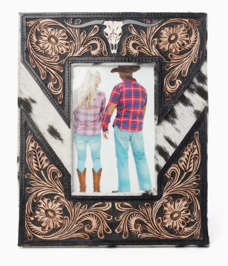 Saddlewood Hand tooled Leather Photo Frame in Brown with Hair on Detail
